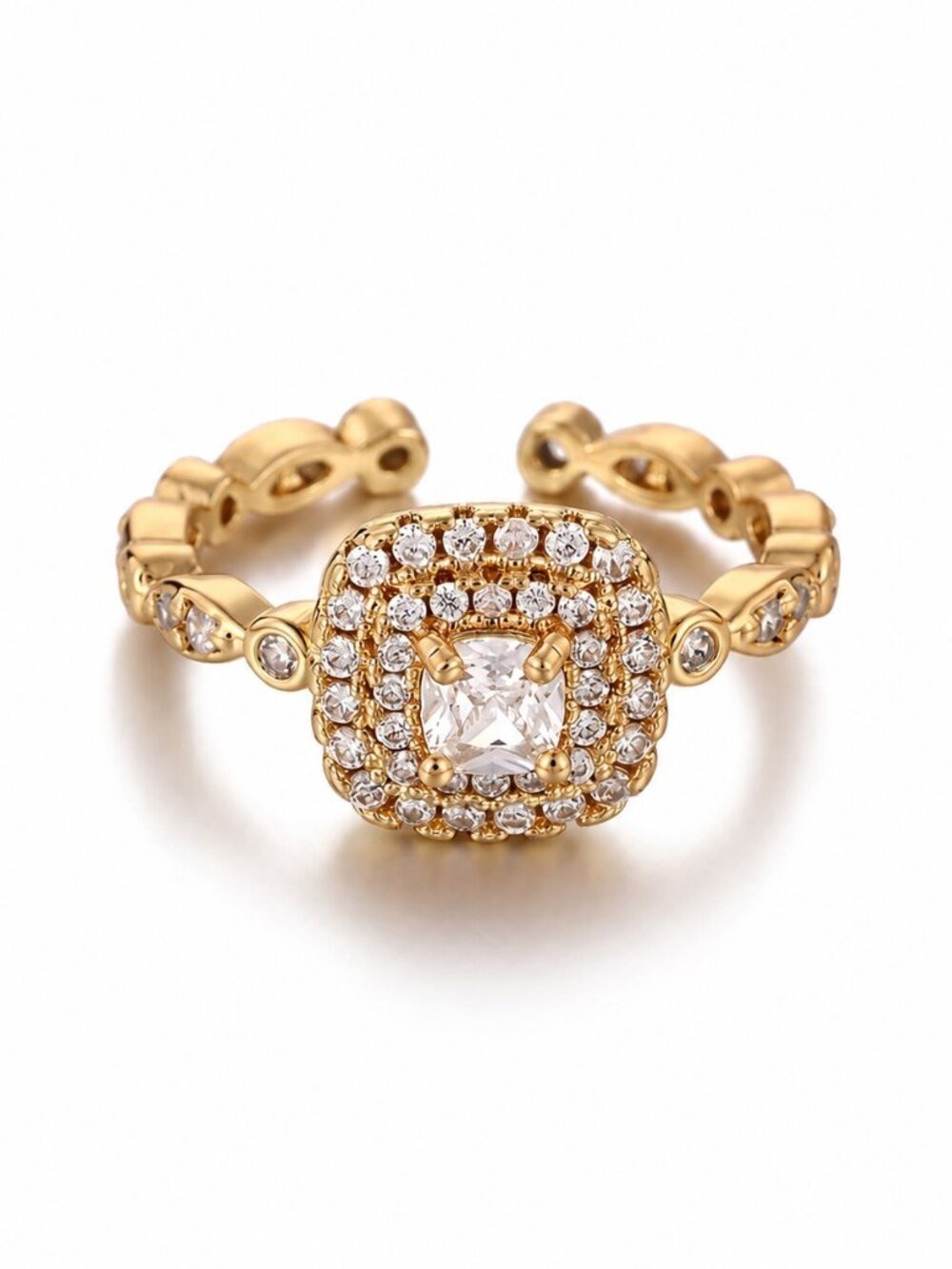 18K Gold Plated Stainless Steel Cushion Cut Halo Zircon Open Ring Adjustable
